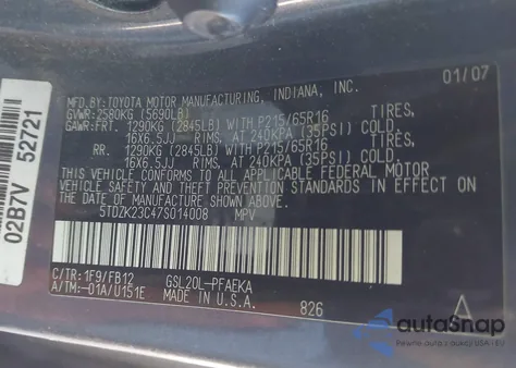 2007 Toyota Sienna Ce from USA, damaged, VIN 5TDZK23C47S014008